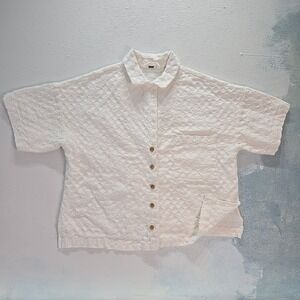 Free People Coastal Textured Women Oversized Boxy Shirt Button Down White Boho